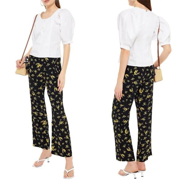 Ganni Floral Print Crepe Straight Leg Pull On Pants Black - Picture 1 of 8